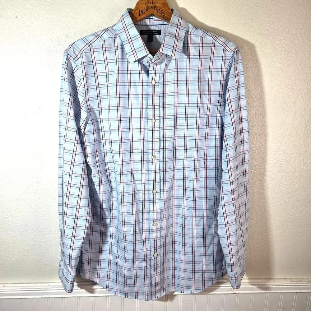 Banana Republic Men's Non Irom Tailored Slim Fit Blue Plaid Long Sleeve Shirt LG